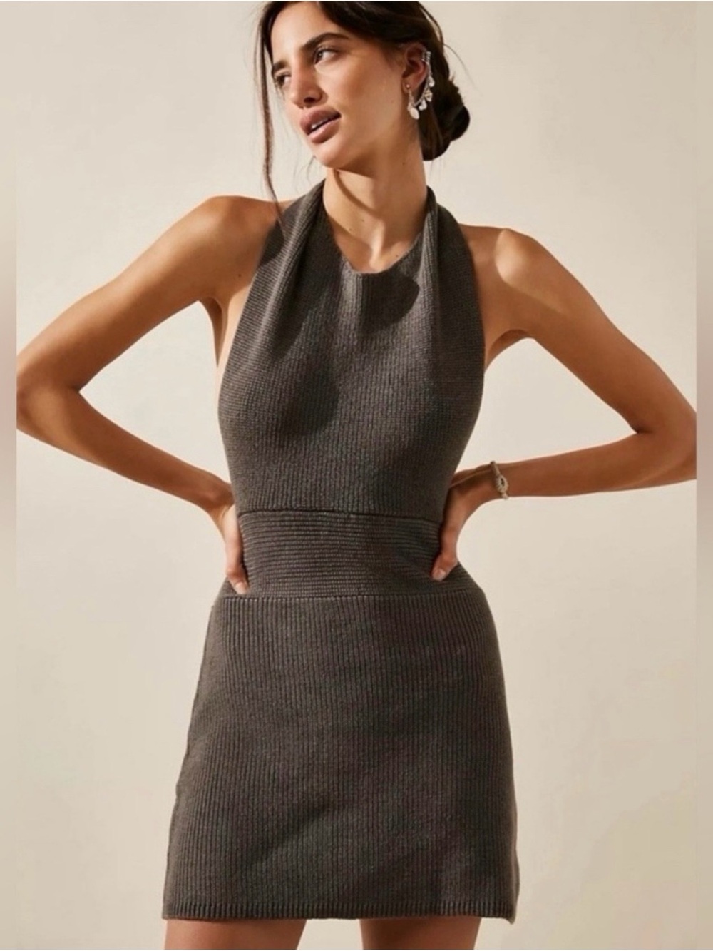 Free People Sleeveless Halter Knit Mini Dress — Charcoal